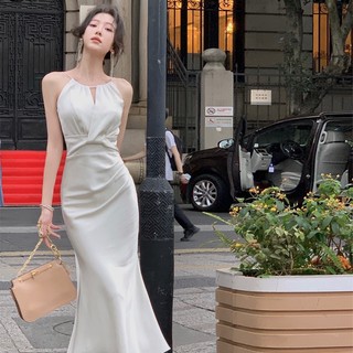 Tiệc Đảng Pháp Váy Dài Cổ Dây Trắng Gợi Cảm Nữ Slim-fit Hẹp Eo Cao Cấp Thiết Kế Không Tay Satin Giữa Chiều Dài