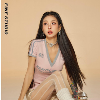 Màu Hồng Chính Hãng Vai Ngắn Tay Nữ Mùa Xuân Hot Girl y2k In Hình Slim-Fit Cổ Chữ v Top