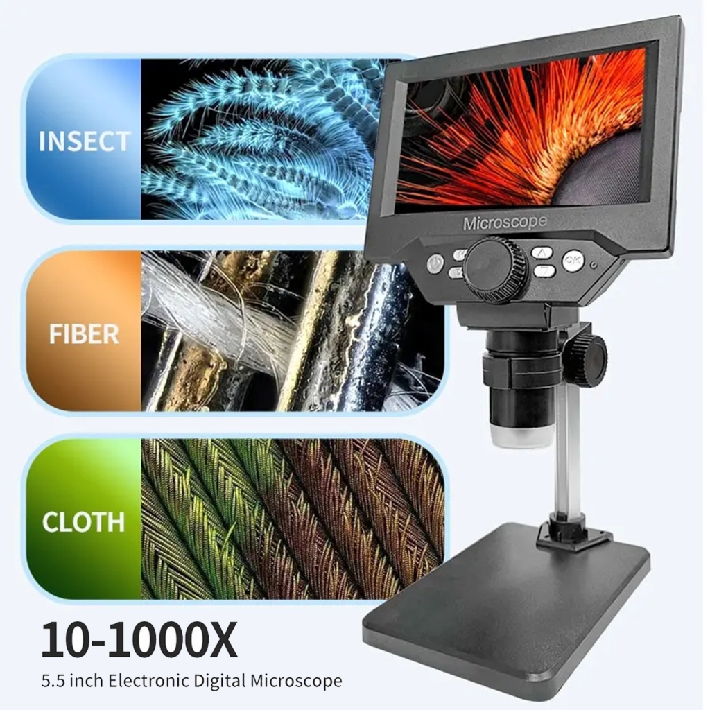 Kính hiển vi kỹ thuật số LCD 5,5 "Kính lúp kính hiển vi đồng xu 1000X 1080P có kính hiển vi hàn chân đế để sửa chữa điện tử