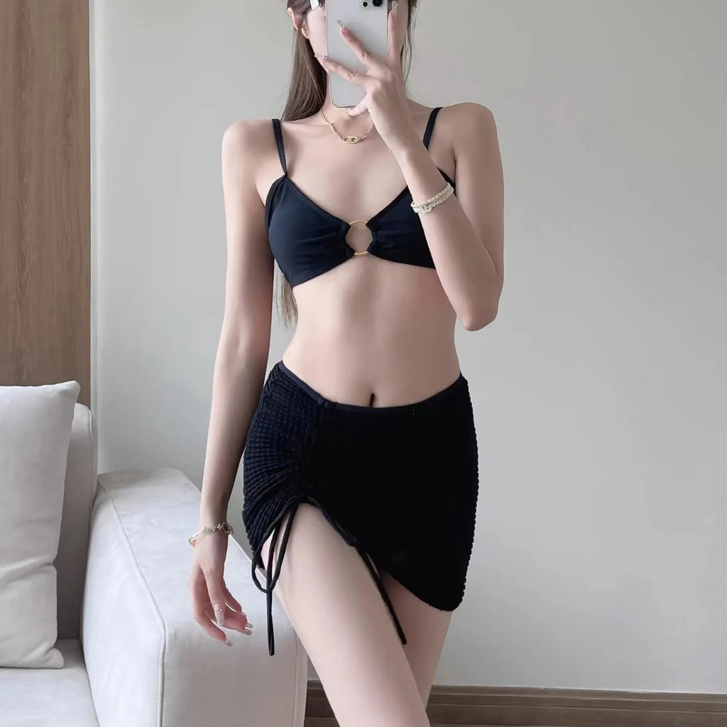 Bộ Đồ Bơi bikini Bốn Mảnh Áo Tay Dài + Chân Váy Ngắn Xẻ Tà Màu Trơn Quyến Rũ Cho Nữ | BigBuy360 - bigbuy360.vn