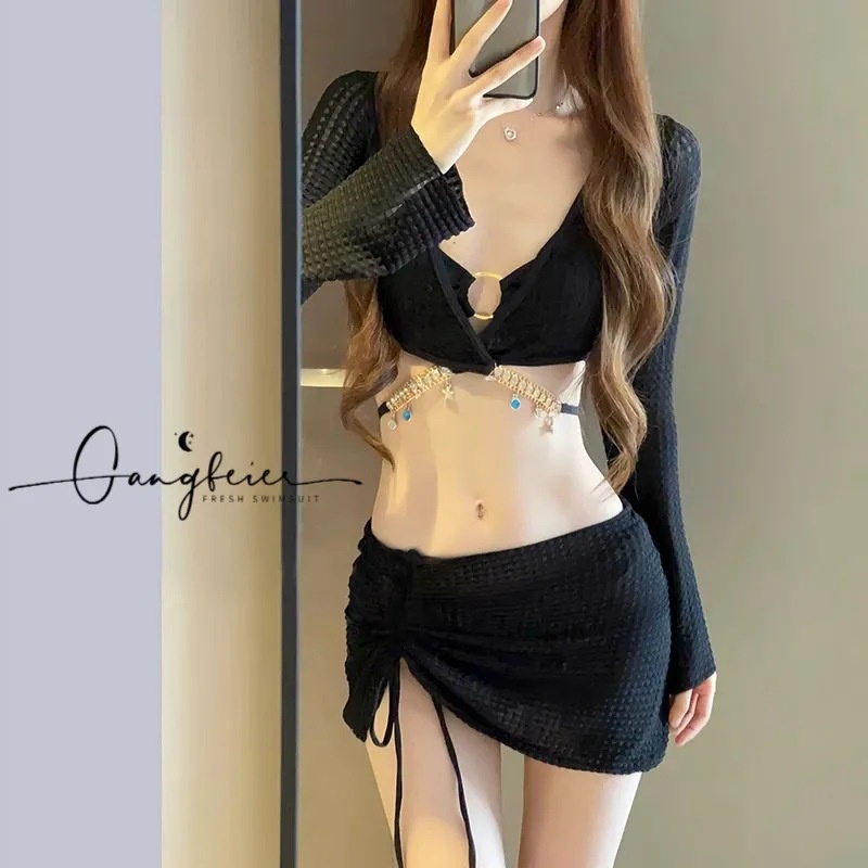 Bộ Đồ Bơi bikini Bốn Mảnh Áo Tay Dài + Chân Váy Ngắn Xẻ Tà Màu Trơn Quyến Rũ Cho Nữ | BigBuy360 - bigbuy360.vn