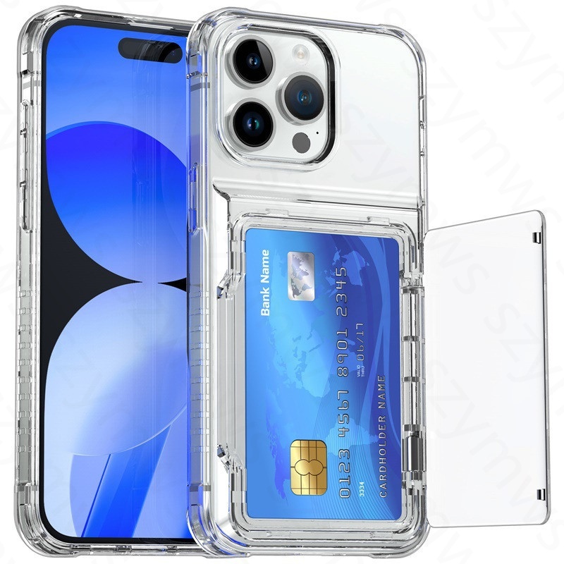 Hộp đựng thẻ trong suốt cho iPhone 16 15 14 13 12 11 Pro Max 16 15 14 Plus Vỏ trong suốt chống sốc có giá đỡ điện thoại