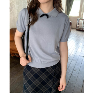  NUZIRO Áo len dệt kim ngắn tay nơ cổ búp bê dành cho nữ áo rộng tối giản mới 