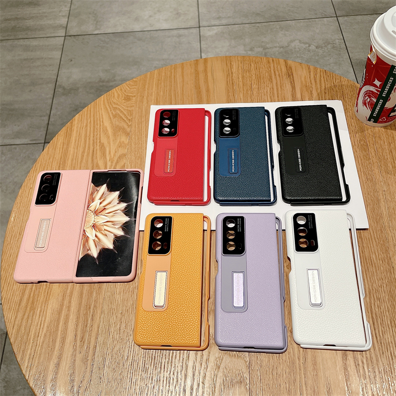 Metal Hidden Bracket Fold PU Leather Back Phone Case For Honor Magic Vs2 Magic V Magic V2 Magic VS Metal Holder Lichee Pattern Shell