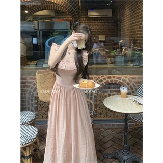 QKOOLE Đầm kéo thắt lưng thời trang cổ vuông màu trơn mới của Pháp dành cho nữ