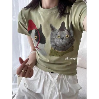 Ethelgirl Hàn Quốc Quần Áo Nữ Thời Trang "Mèo" In Hình Cổ Tròn Tay Ngắn Áo Thun Thường Ngày Phù Hợp Với Hàng Đầu