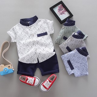 Áo sơ mi trẻ em, bộ áo sơ mi in chữ bé trai, tay ngắn cotton mùa hè + quần short, 2 chiếc áo sơ mi bé trai, 1-4 tuổi