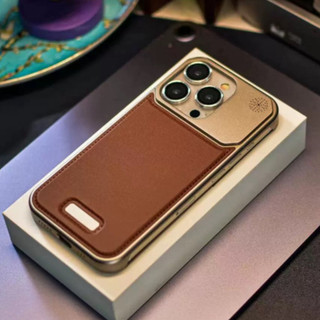 【Metal+Leather Aromatic Hard case/Brown】ốp lưng compatible for iPhone 13 14 15 pro max case