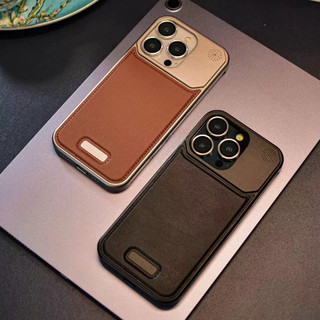 【Metal+Leather Aromatic Hard case/Brown】ốp lưng compatible for iPhone 13 14 15 pro max case