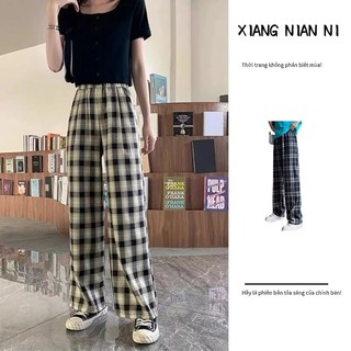Xiang Nian Ni Quần ống rộng Dáng Suông Lưng Cao Kẻ Sọc Caro Đơn Giản Cho Nữ Sinh
