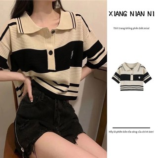 Xiang Nian Ni Áo thun polo ngắn tay họa tiết sọc ngang thời trang dành cho nữ