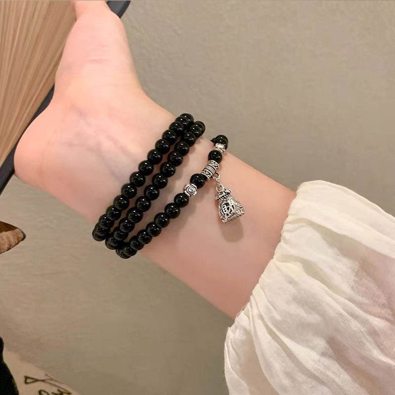 💞Cherry💞 Vòng Tay Nhiều Lớp Xỏ Hạt Màu Đen May Mắn Phong Cách Trung Hoa Cổ Điển Dễ Phối Đồ Thời Trang Cho Bạn Bè
