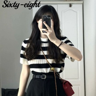  Sixty-eightÁo dệt kim tay ngắn nữ Phong Cách Hàn Quốc áo thun dệt kim họa tiết kẻ sọc NVZA091 
