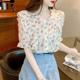Áo voan tay ngắn cổ tròn xù hoa
