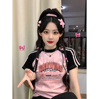 RDGF Áo thun ngắn tay ba thanh chặn màu retro kiểu Mỹ dành cho nữ