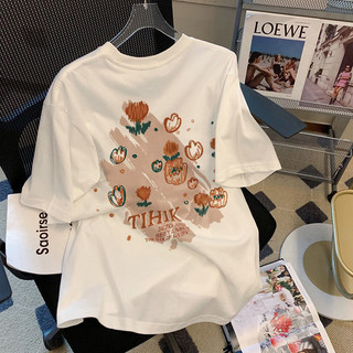Áo thun hoa trắng cổ tròn nữ Áo thun đa năng mới 100% cotton