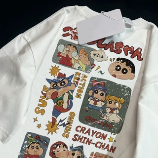 Áo thun trắng đồ họa Crayon Shin-chan Áo thun nữ cổ tròn mới đa năng hàng đầu 100% cotton