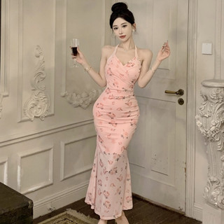 Đảng Pháp Đảng Đảng Màu Hồng Gợi Cảm Hoa Halterneck Váy Dài Nữ Slim-fit Hẹp Eo Thời Trang Trung Dài Vừa Vặn Hông