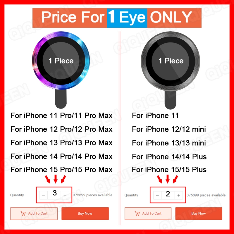 Kính Cường Lực Bảo Vệ Camera Sau Có Vòng Nhẫn Kim Loại Cho iPhone 15/15 Pro/15 Pro Max/14/14 Pro Max/14 Pro/13 Pro Max/12 Pro Max/11 Pro Max/11/12/13 Mini/15 Plus