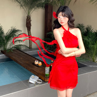 Tiệc Đảng Pháp Gợi Cảm Màu Trắng Anh Đào Đỏ Dây Đầm Nữ Slim-fit Hẹp Eo Thiết Kế Cao Cấp Dây Không Tay Váy Voan bó sát