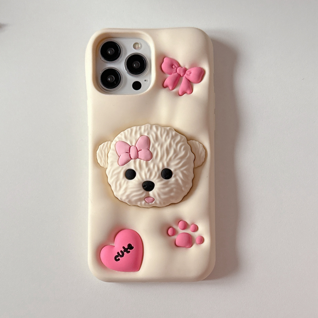 Phim hoạt hình màu nâu trắng gấu bông đứng chó silicon mềm Vỏ điện thoại cho Iphone 15promax 14 13 12 pro max 11 Vỏ điện thoại hình nơ màu hồng đẹp