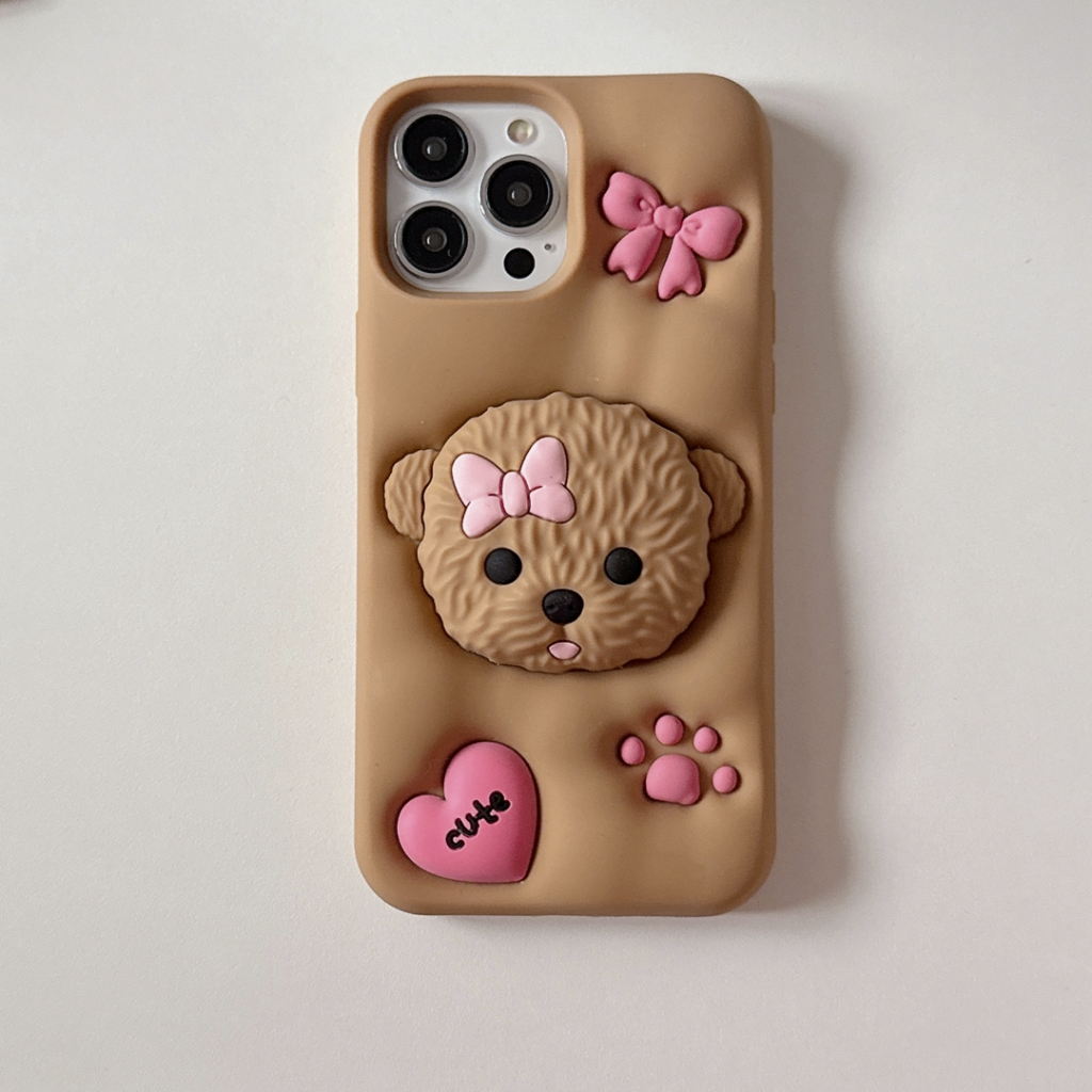 Phim hoạt hình màu nâu trắng gấu bông đứng chó silicon mềm Vỏ điện thoại cho Iphone 15promax 14 13 12 pro max 11 Vỏ điện thoại hình nơ màu hồng đẹp