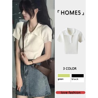 「HOME5」Áo thun dệt kim ngắn lưới màu đỏ mỏng mùa hè Hàn Quốc cổ điển nhỏ có ve áo ngắn tay