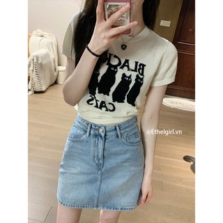 Ethelgirl Hàn Quốc Nữ Quần Áo Thời Trang Cổ Tròn "Mèo" In Hình Slim Tay Ngắn Dệt Kim Áo Thun Top