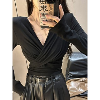 Miếng Lót Vai Cổ Chữ V Xếp Ly Slim-fit Áo Thun Nữ Mùa Thu Dài Tay Lập Kế Hoạch Gợi Cảm Thiết Kế Chữ Thập Bott