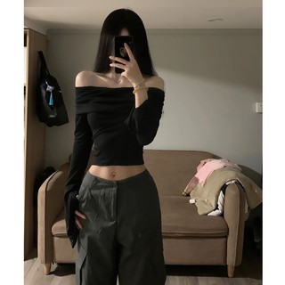 Hot Girl Một Vai Dài Tay Áo Thun Nữ Xuân Thu Mỹ Ngắn Phong Cách Mỏng Hơn Nhìn Slim-Fit Niche Đáy