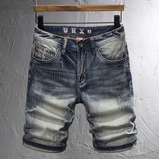 High street fashionable men denim shorts with retro blue slim fit embroidery technology high-quality men casual denim shorts