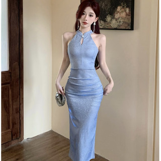Tiệc Đảng Pháp Váy Dài Skinny Gợi Cảm Cho Nữ Ôm Eo Hẹp Rỗng Thiết Kế Đính Kim Sa Lấp Lánh Xếp Ly Cắt Hông Bao Dài Giữa