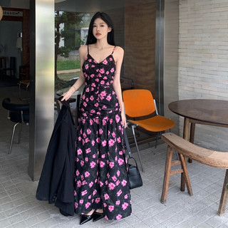 Tiệc Tiệc Đảng Pháp Gợi Cảm Hoa Sling Váy Dài Nữ Slim-fit Hẹp Ôm Hơn Nhìn Giữa Chiều Dài Không Tay In Hình A