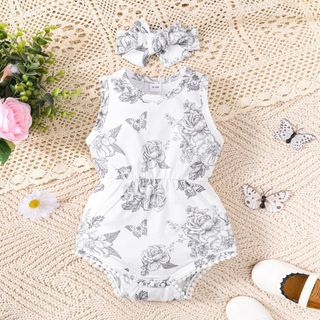 Bộ đồ liền thân cho bé gái sơ sinh 0-2 tuổi 2 chiếc có băng đô in hoa Trang phục đi chơi sớm mùa xuân Quần áo trẻ em