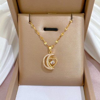 Vòng cổ mặt dây chuyền kim cương hình trái tim mặt trăng vàng 18K có dây chuyền cổ