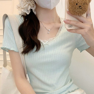 Áo ngắn tay ren xanh bm áo ngắn tay mỏng bên trong