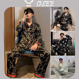Bộ Đồ Ngủ Tay Dài Vải Lụa Lạnh Mỏng In Họa Tiết Thời Trang Xuân Thu Cho Nam 40-100Kg