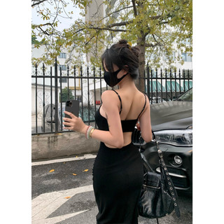 Black vn Thời trang mùa hè Gợi cảm lưng rỗng màu đen xẻ váy Maxi nữ