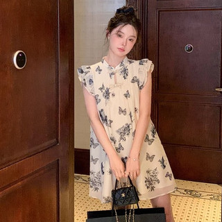Đảng Pháp Đảng Đầm Không Tay Gợi Cảm Nữ Rời Ôm Hơn Nhìn Cổ Retro Nơ In Cổ Tròn Không Tay Voan Chữ A