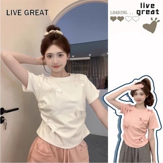  Live GREA Áo Nữ Phong Cách Ba Lê Nơ Đơn Giản Màu Trơn Vai Phải Áo Thun Tay Ngắn