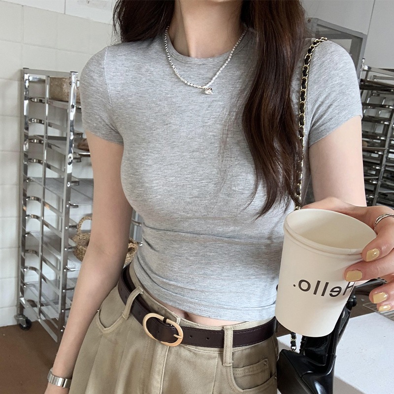 Áo Croptop Ngắn Tay Cổ Tròn Basic - Vải Thun Trơn Dày Co Giãn Thoáng Mát, Ôm Body Sexy