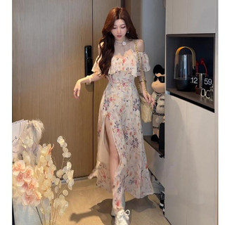 Du Lịch Pháp Đi Biển Kỳ Nghỉ Hoa Voan Váy Dài Nữ Slim-fit Hẹp Vắt Xù Chia Giữa Chiều Dài Cổ Một Dòng Ngắn @