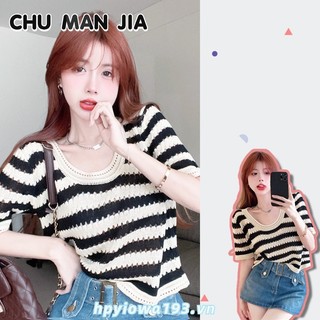 Chu MAN JIA Áo thun dệt kim mỏng tay ngắn sọc bên phải dành cho nữ, áo ngắn rỗng bằng lụa băng rộng thích hợp với thiết kế thích hợp
