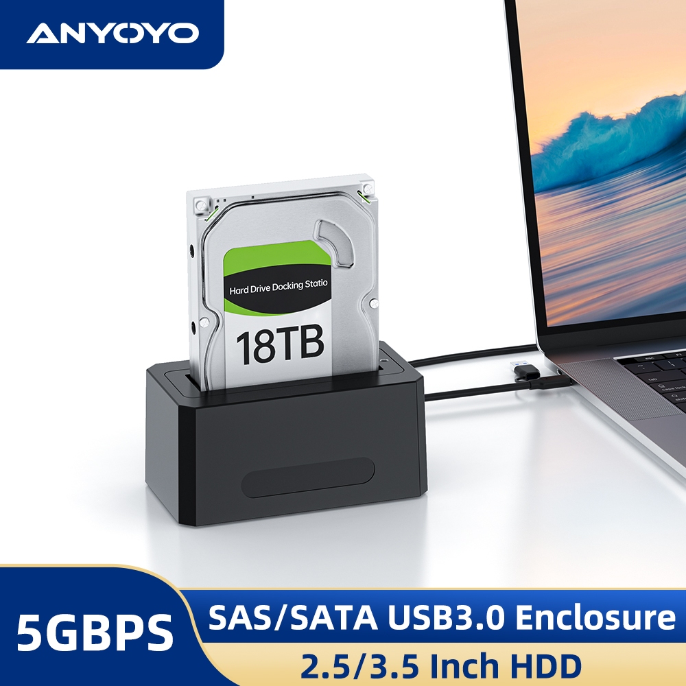 Bộ chuyển đổi ANYOYO SAS / SATA sang USB 3.0, Vỏ SAS gắn ngoài 2,5 / 3,5 Inch có cáp USB-C sang USB-A / C Vỏ SSD HDD với bộ chuyển đổi nguồn 12V / 2A, Hỗ trợ tối đa 18TB (EC-5351)