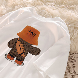 Áo thun trắng họa tiết gấu Áo thun nữ cổ tròn mới đa năng 100% cotton