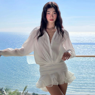 Cutenew Phong Cách Pháp Dài Tay Đầm Cho Nữ Trắng Đa Năng Một ngực Ruched Xù Edge Mini Đầm