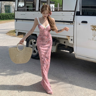 Kỳ nghỉ du lịch kiểu Pháp Váy dài đeo hoa lãng mạn dành cho nữ Slim-fit xếp ly eo hẹp in hình vừa phải bó sát @