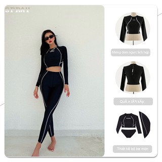 Đồ bơi đồ bơi nữ kín đáo đồ bơi bigsize đồ bơi nữ tay dài bộ bơi nữ đồ bơi kín đáo đồ bơi cho nữ bikini 3 mảnh tay dài croptop đen trơn, quần dài dành cho nữ Đồ bơi dài tay quần dài cạp cao đen viền trắng