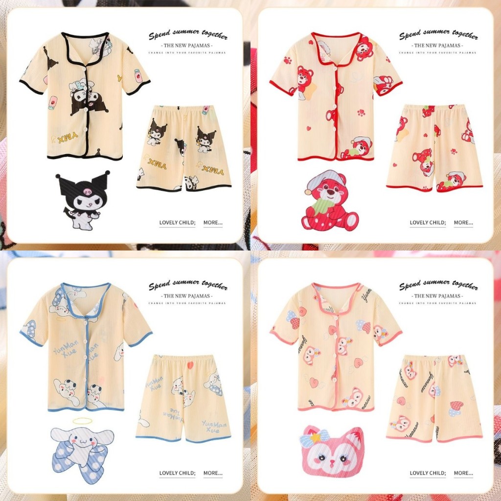 Áo tay ngắn + Quần Short Bộ đồ ngủ Kuromi In hoạt hình Snoopy Cinnamoroll Linabell Lotso Dâu Gấu Kuromi Bé gái Bộ đồ ngủ mỏng Bộ đồ ngủ thông thường cho bé