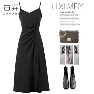 Đầm Đen Xuân Hè Nữ 2024 Mới Phong Cách Hepburn Quyến Rũ Nữ Thần Phong Cách Chia Chiều Dài Giữa Sling Đầm
